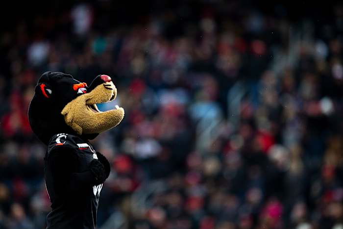 Cincinnati Bearcats mascot stands in the end zone in the first half of the NCAA football game between the Cincinnati Bearcats and the Southern Methodist Mustangs on Saturday, Nov. 20, 2021, at Nippert Stadium in Cincinnati. Southern Methodist Mustangs At Cincinnati Bearcats 23